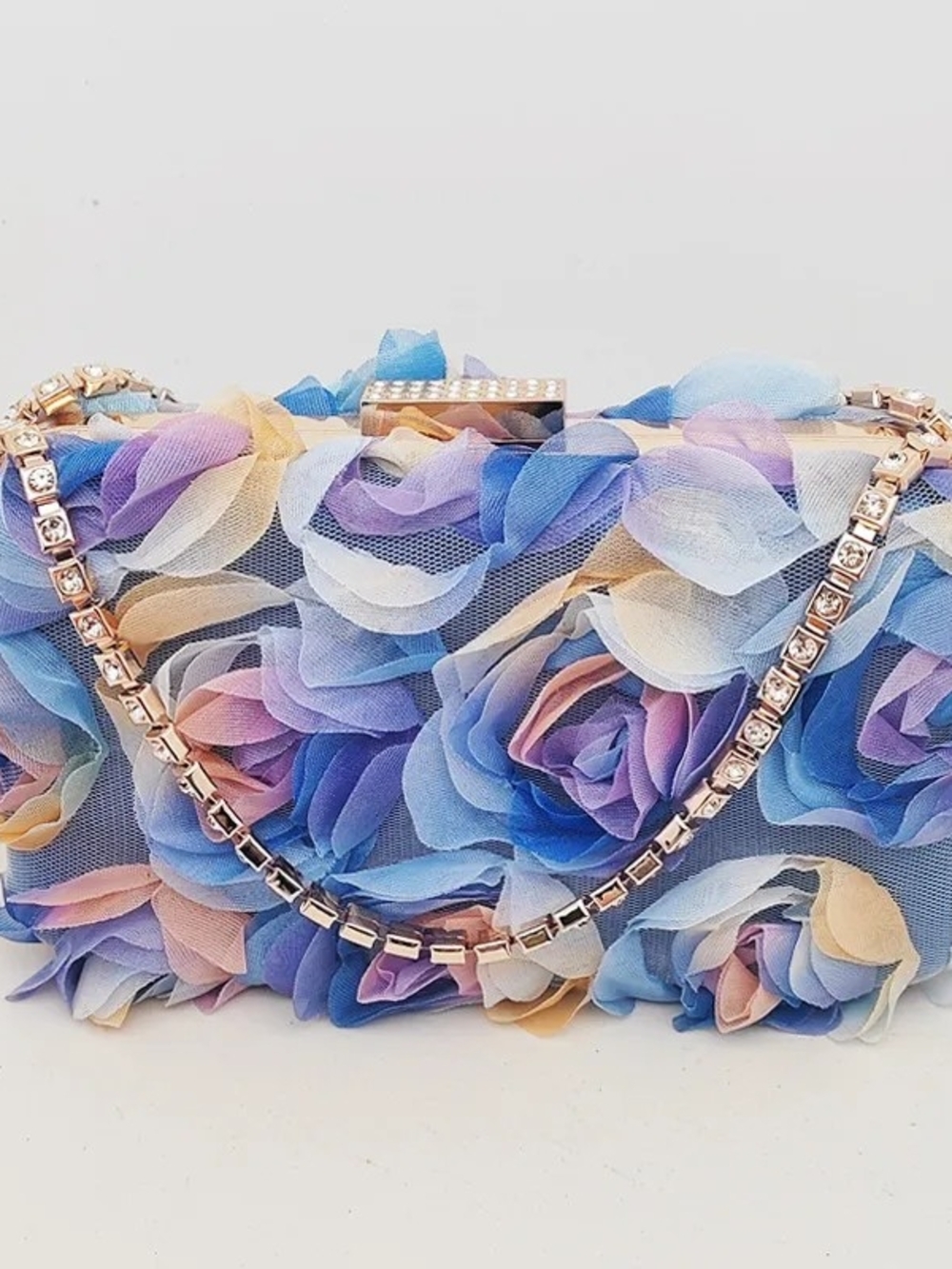 Floral Rosette Evening Clutch Bag in Pastel Blue